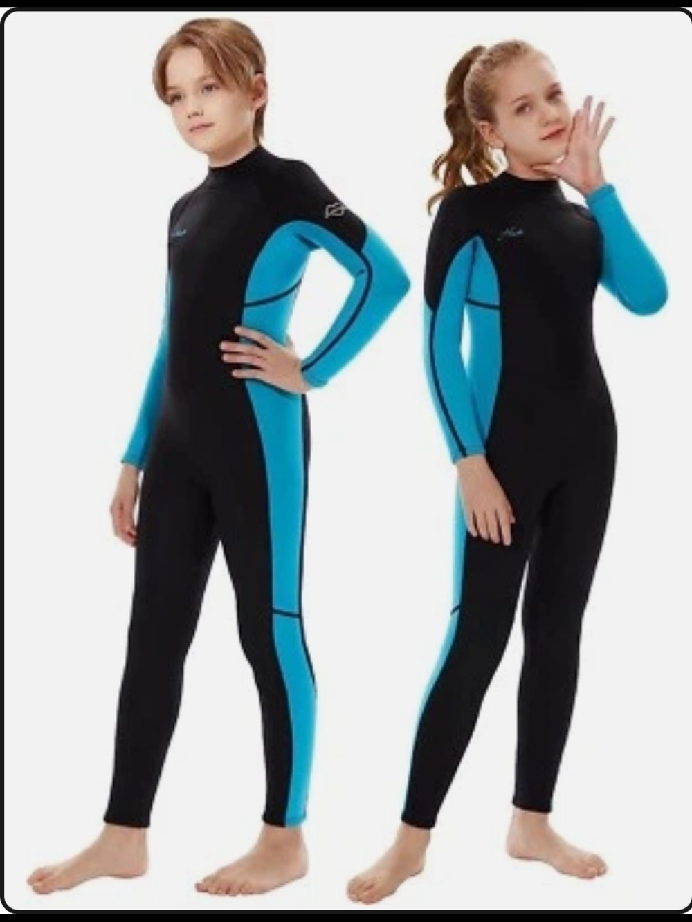 Kids Full-Body Black Wetsuit with Bright Blue Panels